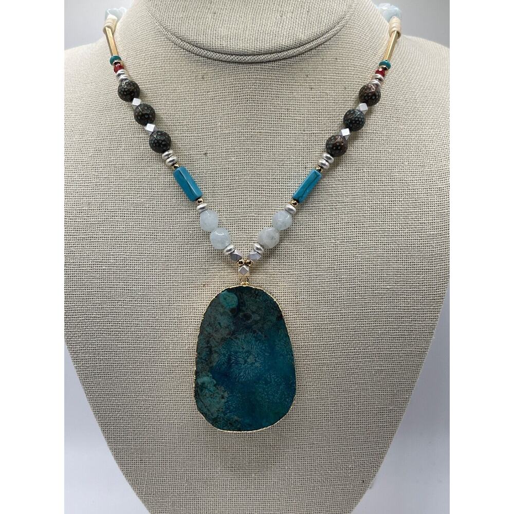 J. Jill NWT Long semi precious stones silver tone necklace with Pendant